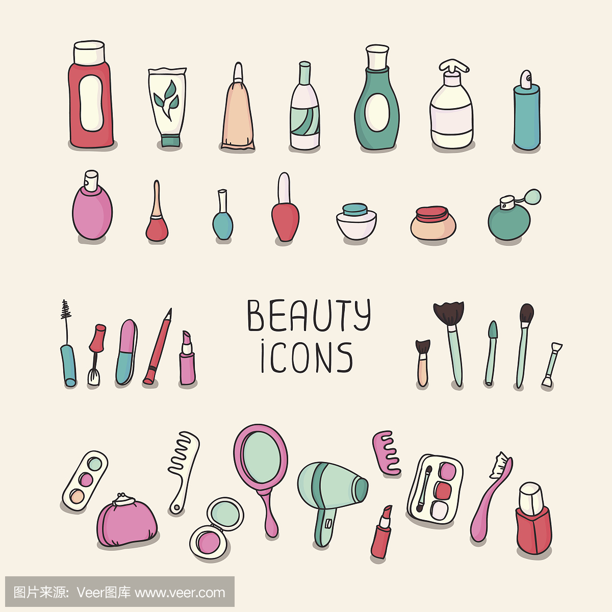 一套复古的化妆品元素和美容产品图标。化妆。